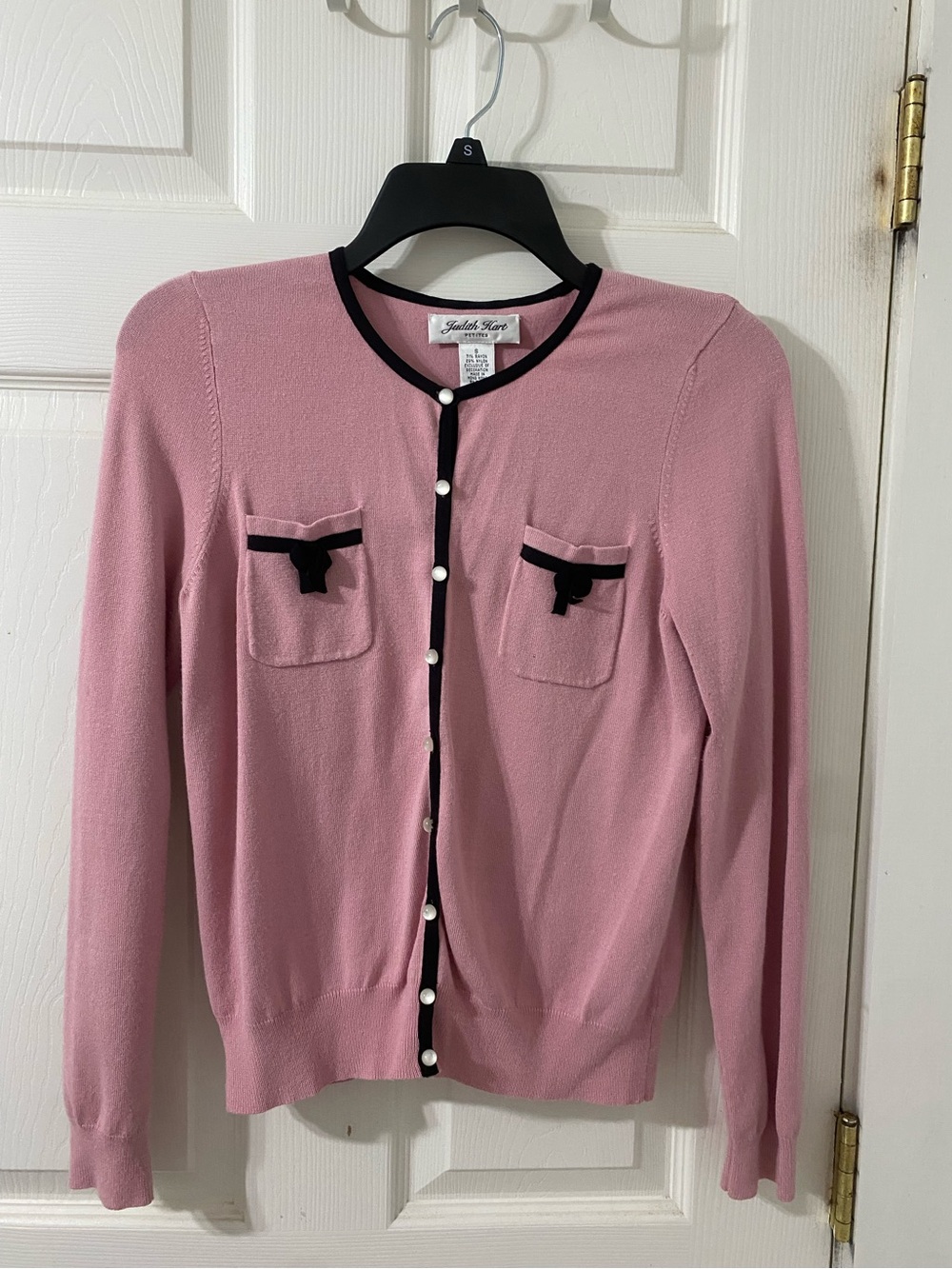 Judith Hart Vintage Pink Pearl-Button Cardigan with Black Trim